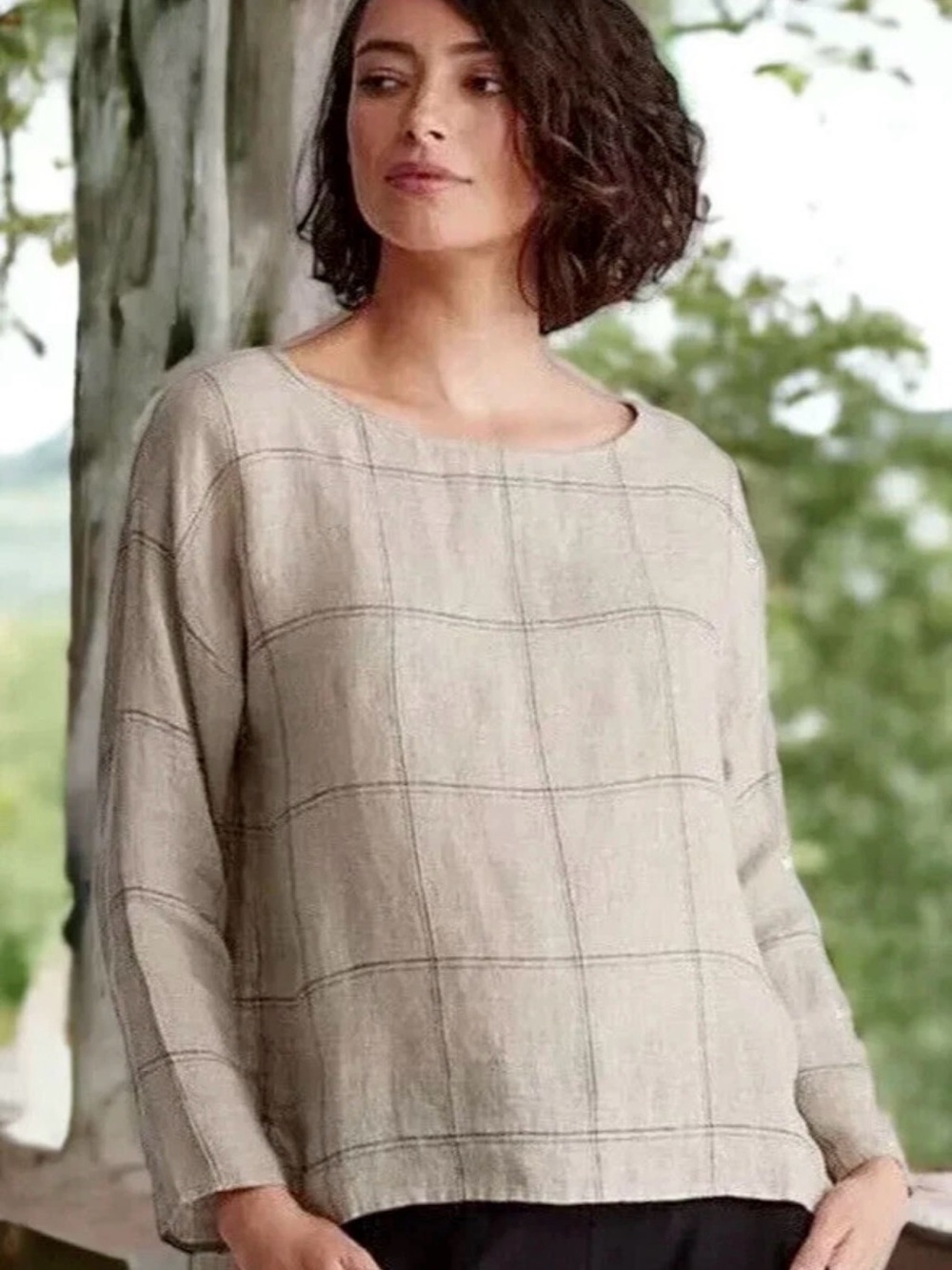 Eileen Fisher Womens Rustic Organic Linen Windowpane Bateau Neck Box Top Size L
